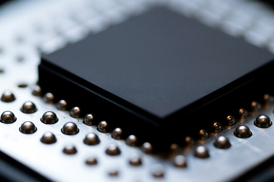 Close-up of a bga computer chip processor with solder balls processor computer hardware assembly