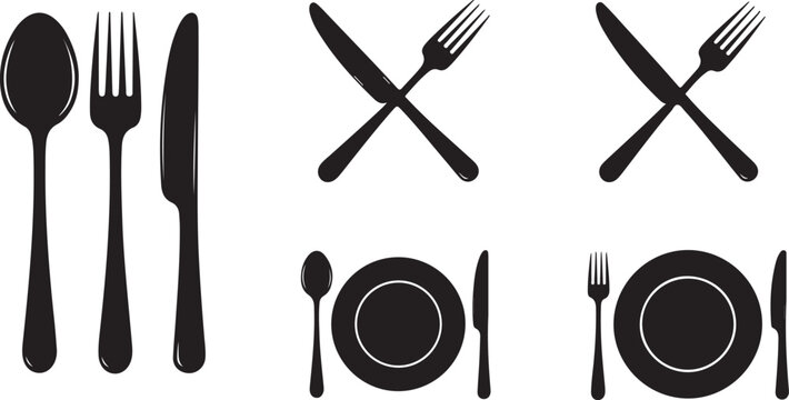 Black dining utensils, cutlery icons, plate silhouettes, tableware set
