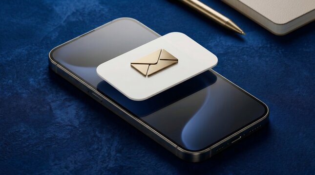 Smartphone with golden email notification icon floating above screen on a textured dark blue background representing digital communication