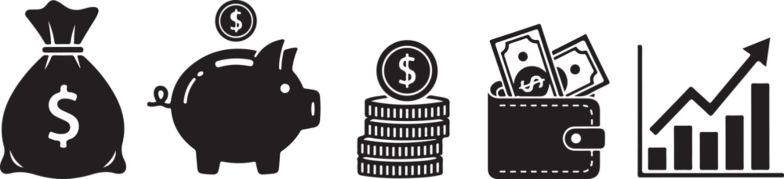 Financial icons, money symbols, business signs, black vector graphics