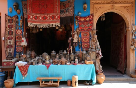 Moroccan street stall displays traditional crafts like carpets masks and lanterns. Outdoor bazaar offers handcrafted goods metalware pottery and textiles for sale. Cultural scene in medina.