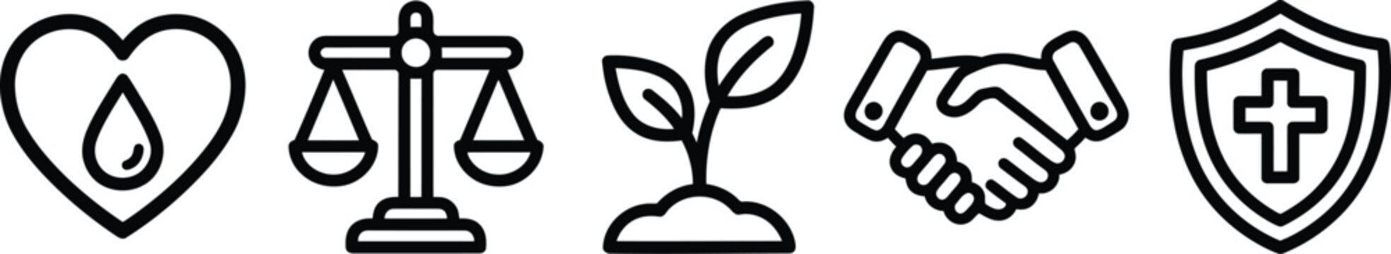 Set of five simple black line icons for charity and health
