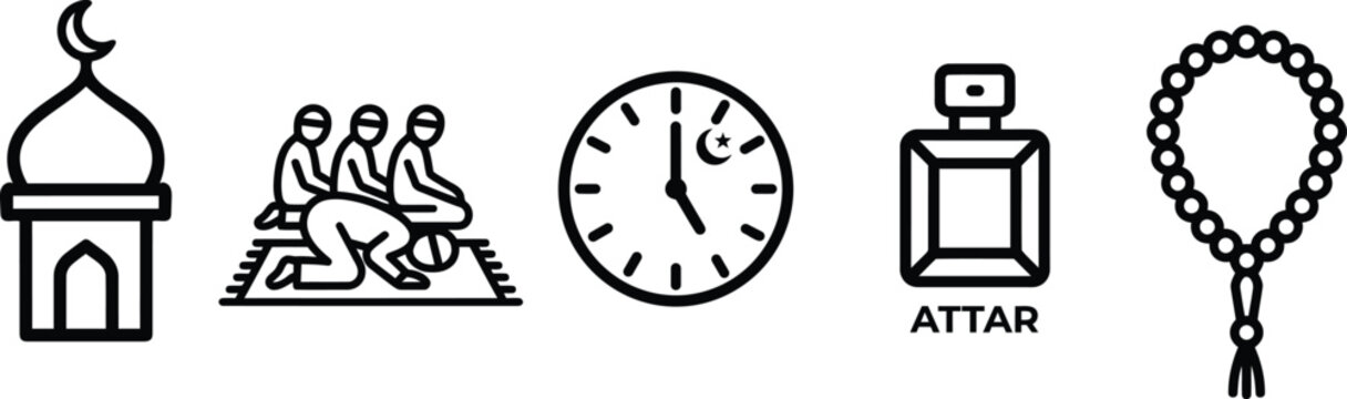 Set of islamic culture and prayer line art icons