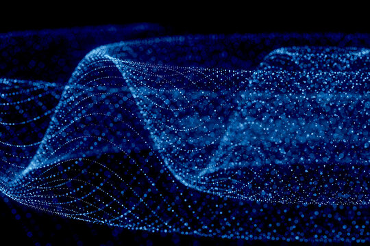 3D quantum data ribbon twists through a glowing particle network