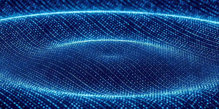 3D digital particle valley forms a luminous blue data landscape