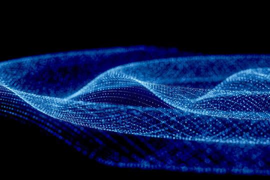 3D luminous data fabric folds into a flowing particle surface