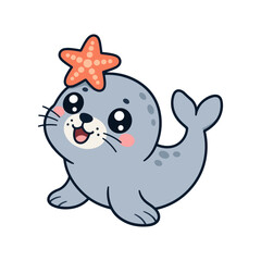 Naklejka premium Cute Seal With Starfish