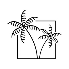 Logo agencia de viajes. Vacaciones de verano. Dibujo minimalista con líneas de dos palmeras en un marco cuadrado © teracreonte