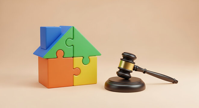Puzzle house with a gavel symbolizing real estate auction or legal matters property business building residential decision ownership transaction investment foreclosure judgement agreement