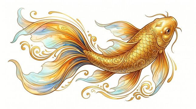 Stylized digital art of a golden koi fish with intricate scales and flowing watercolor fins isolated on white background