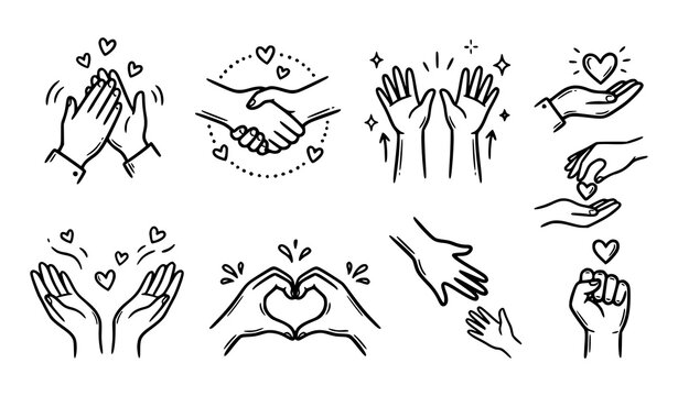 Hand Gestures with Hearts Love Care Support and Kindness Doodle Icon Set