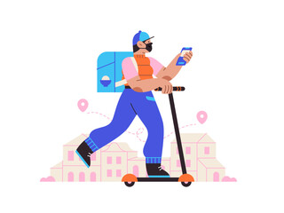 Fototapeta premium Man riding scooter in city cartoon illustration