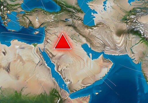 Map of middle east with red triangle warning sign