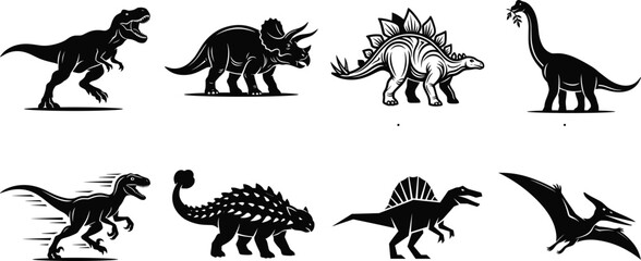 Dinosaur Silhouette Vector Collection Featuring T Rex Triceratops Stegosaurus Ankylosaurus and Pterodactyl Illustrations © Biplob Creators