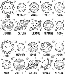 Solar system planets and sun cartoon characters coloring page © Miskatul