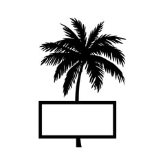 Logo agencia de viajes. Vacaciones de verano. Dibujo minimalista con la silueta de una palmera con un marco rectangular con líneas © teracreonte