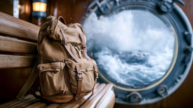 Traveler's Backpack Resting on Wooden Bench with Ocean Waves Visible through Porthole Window