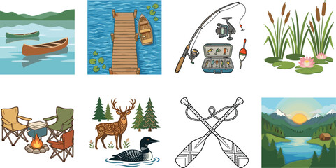 Outdoor Camping and Lakeside Adventure Vector Collection with Fishing Canoes and Nature Landscapes © Biplob Creators