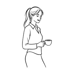 Logo coffee shop. Dibujo sencillo con líneas de una mujer con ropa informal de pie sujetando una taza de café con la mano © teracreonte