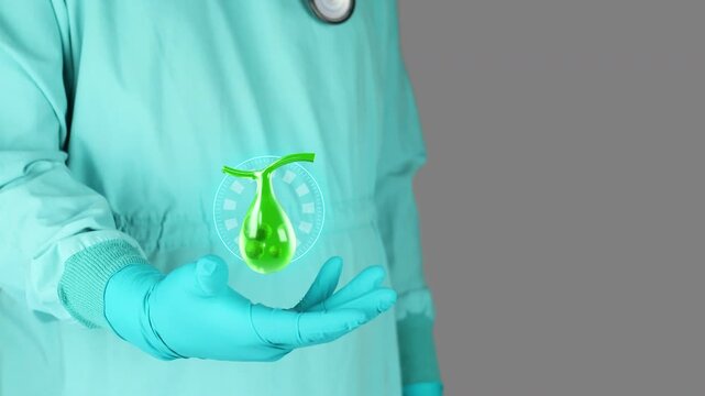 A doctor in green scrubs presents a 3D model of the gallbladder with stones. The topic is the biliary system, fat digestion, prevention and awareness of biliary sludge, and complications of gallstones