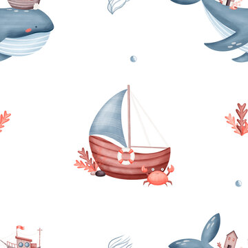 Seamless pattern crab, board, submarine, whale, shell, seaweed. Watercolor print. Hand drawn illustrations on background design textiles fabrics packaging clothes wallpapers