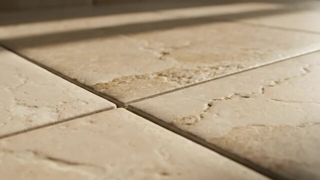 Close-up view of beige floor tiles with textured surface and visible grout lines, neutral flooring