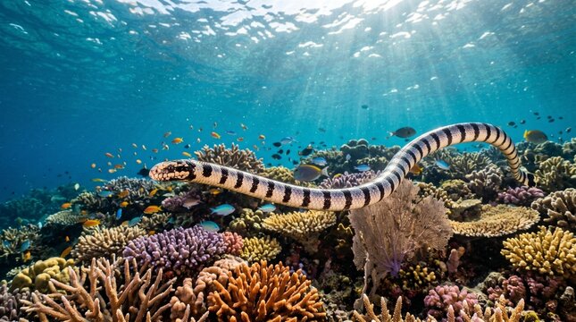 Banded Sea Krait Swimming Over Vibrant Coral Reef and Fish