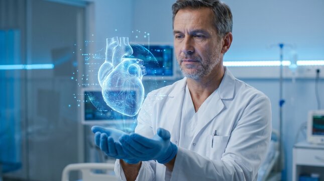 Male Doctor Holding Glowing Holographic Digital Heart in Modern Hospital with Futuristic Healthcare Technology and Blue Medical Innovation Concept