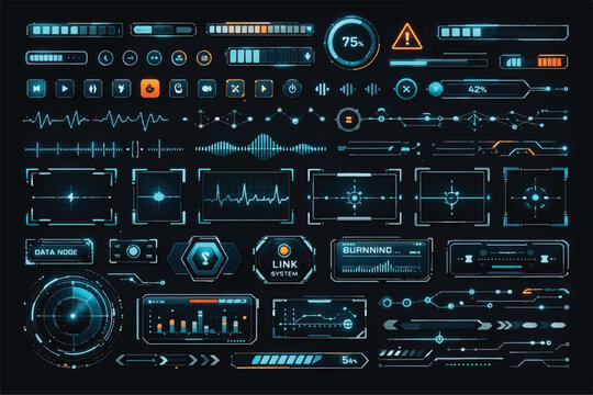  Premium Futuristic UI Micrographic Elements Collection &ndash; Cyber Tech HUD Toolkit with Data Chips, Status Indicators, Progress Bars, Nodes and Digital Control Panels for Sci-Fi Dashboard  
