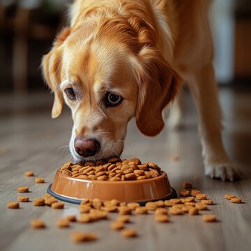 A happy golden retriever enjoys kibble on the floor with pieces scattered around