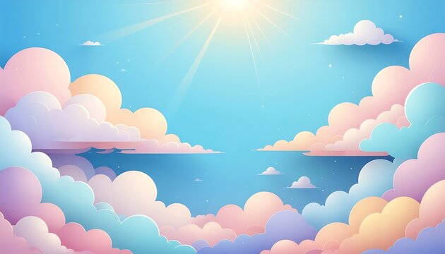 Dreamy Pastel Sky with Sun Rays and Fluffy Clouds