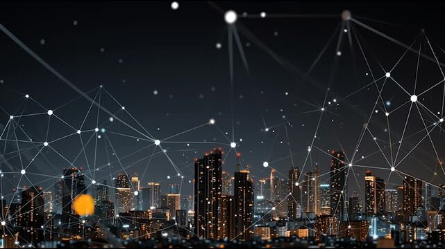 Smart digital Innovation city with connection network reciprocity over the cityscape. of future smart wireless digital city and social media networking systems that connects people with in city