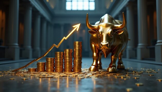 Golden bull statue stands near stacked coins and rising graph. Represents financial growth and investment success. Symbolizes market uptrend and economic prosperity.