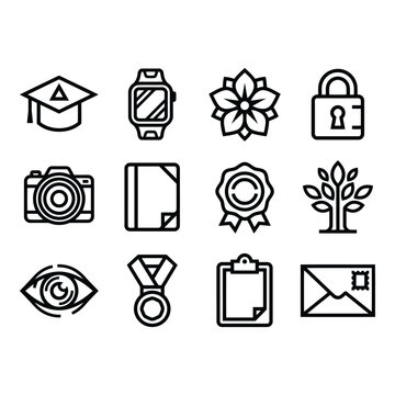 Set of 12 Black Line Icons isolated on white background