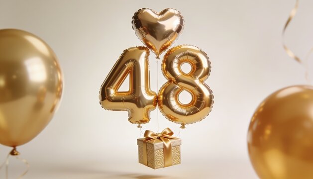 Golden 48th Birthday Balloon Celebration with Heart and Gift Decoration