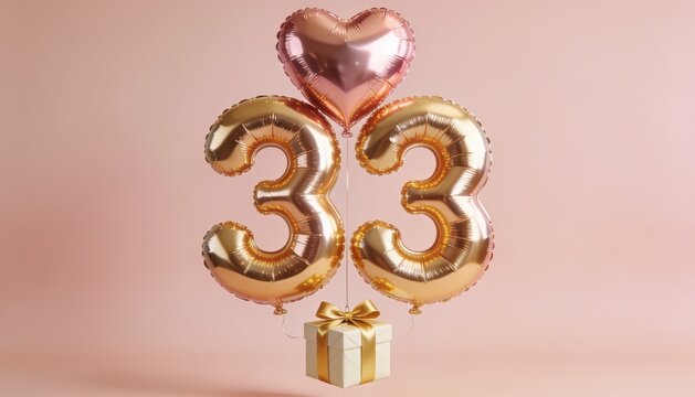 Golden 33rd Birthday Balloon Celebration with Heart and Gift Decoration