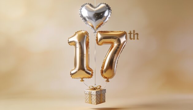 Golden 17th Birthday Balloon Celebration with Heart Decoration