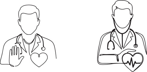 Fototapeta premium one line drawing of a doctor with stethoscope placing hand on heart icon.one line drawing vector illustration