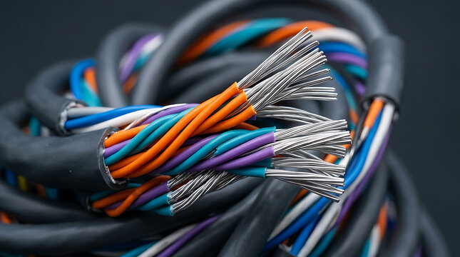 A bundle of colorful wires and cables are tangled together closely.