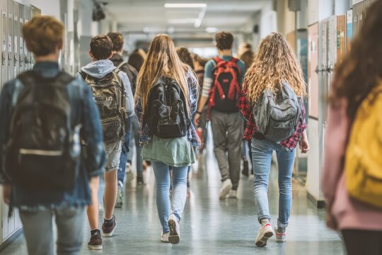 Students carrying backpacks walking along school hallway with students backpacks education teenagers corridor lifestyle learning academic together movement building interior schooling