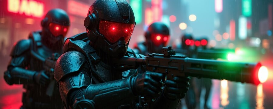 Soldiers in futuristic armor with glowing red eyes aim weapons in rainy city at night. Neon lights reflect on wet streets. Advance ready for combat. Scene suggests dystopian future sci fi war.