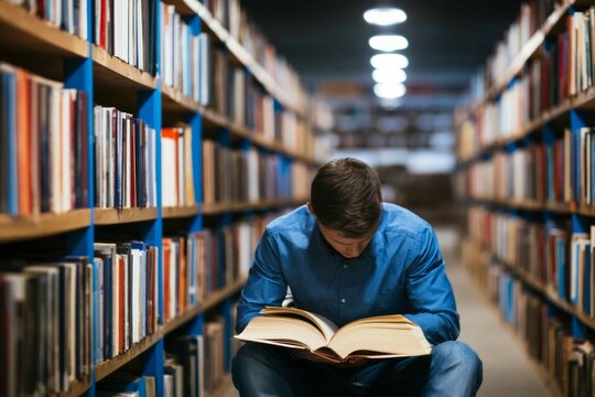 Young Man Engaged in Reading in a Well-Organized Library Surrounded by Bookshelves