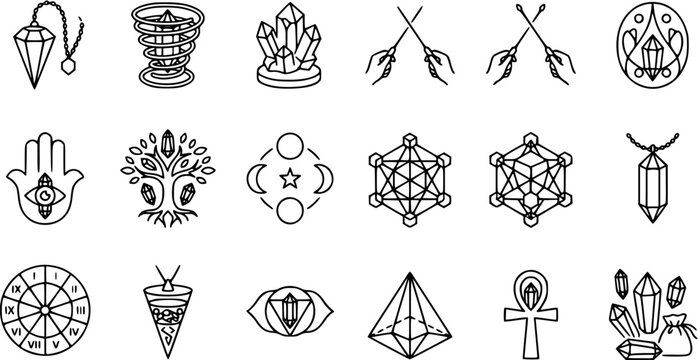 Esoteric and Spirituality Black Line Art Icons Set: Mystical Crystals, Pendulums, Sacred Geometry, Divination, and New Age Symbols