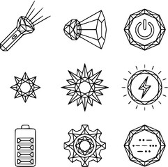 Technology, Communication, Energy Vector Line Art Icons. Black  White Geometric Set with Flashlight, Power, Battery, Gear, Morse Code, and Abstract Symbols for UIUX. © pixraw