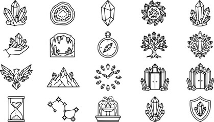 Obraz premium Mystical Crystal Icons: Geometric Gems, Compass, Clock, Tree, Eagle, Mountains, Hourglass, Constellation, Fountain, Shield