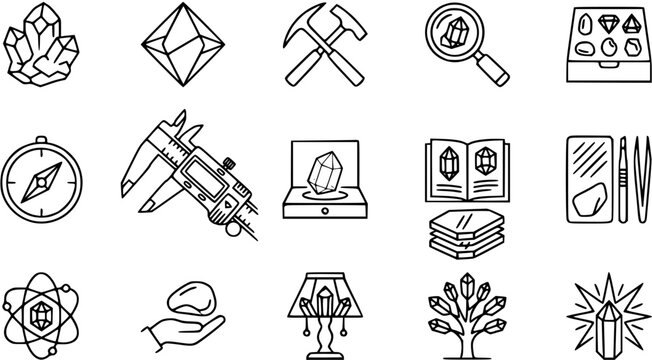 Black and White Line Art Icons of Geology and Gemology Tools and Crystals