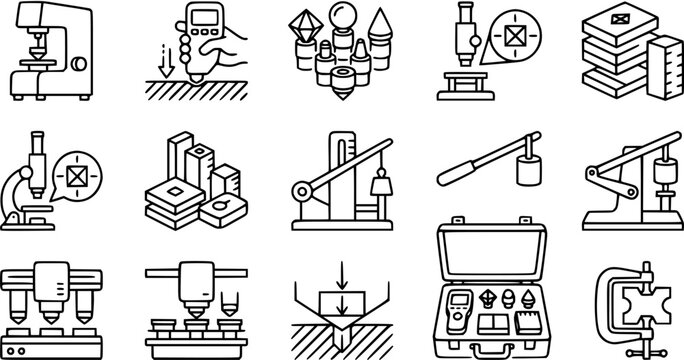 Material Science Testing  Quality Control Lab Equipment Line Art Icons. Engineering Measurement Instruments for Hardness, Thickness, Impact, and Density Outline Set.