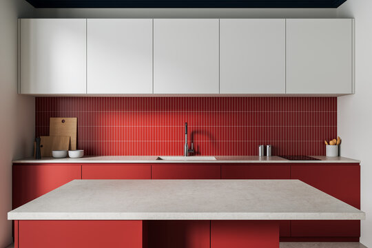 Modern interior kitchen design with red cabinets, white upper cupboards, and a sleek tiled backsplash creating a clean and contemporary layout. 3D Rendering