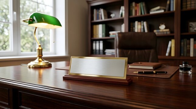 Blank silver and gold nameplate on dark wooden executive desk in library