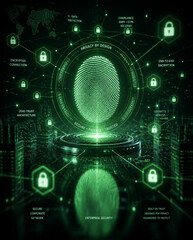 Obraz premium Privacy by design fingerprint hologram over secure cloud systems network glowing green with encrypted connection and data protection creating sovereign identity and trusted enterprise security